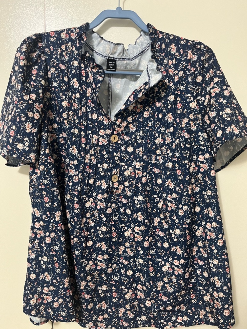 SHEIN Curve Navy Floral Short Sleeve Button Front Top